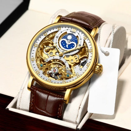 New KINYUED genuine automatic leather men's watch watches hollow mechanical watches travel time accurate