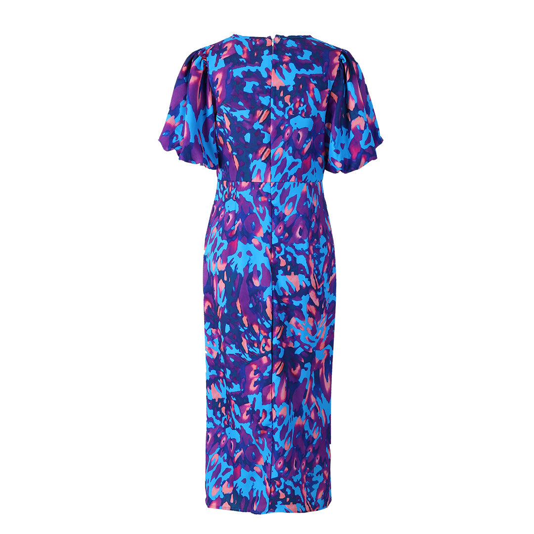 Puffed Short Sleeve Dress Summer Floral Printed V-neck Skinny Dresses