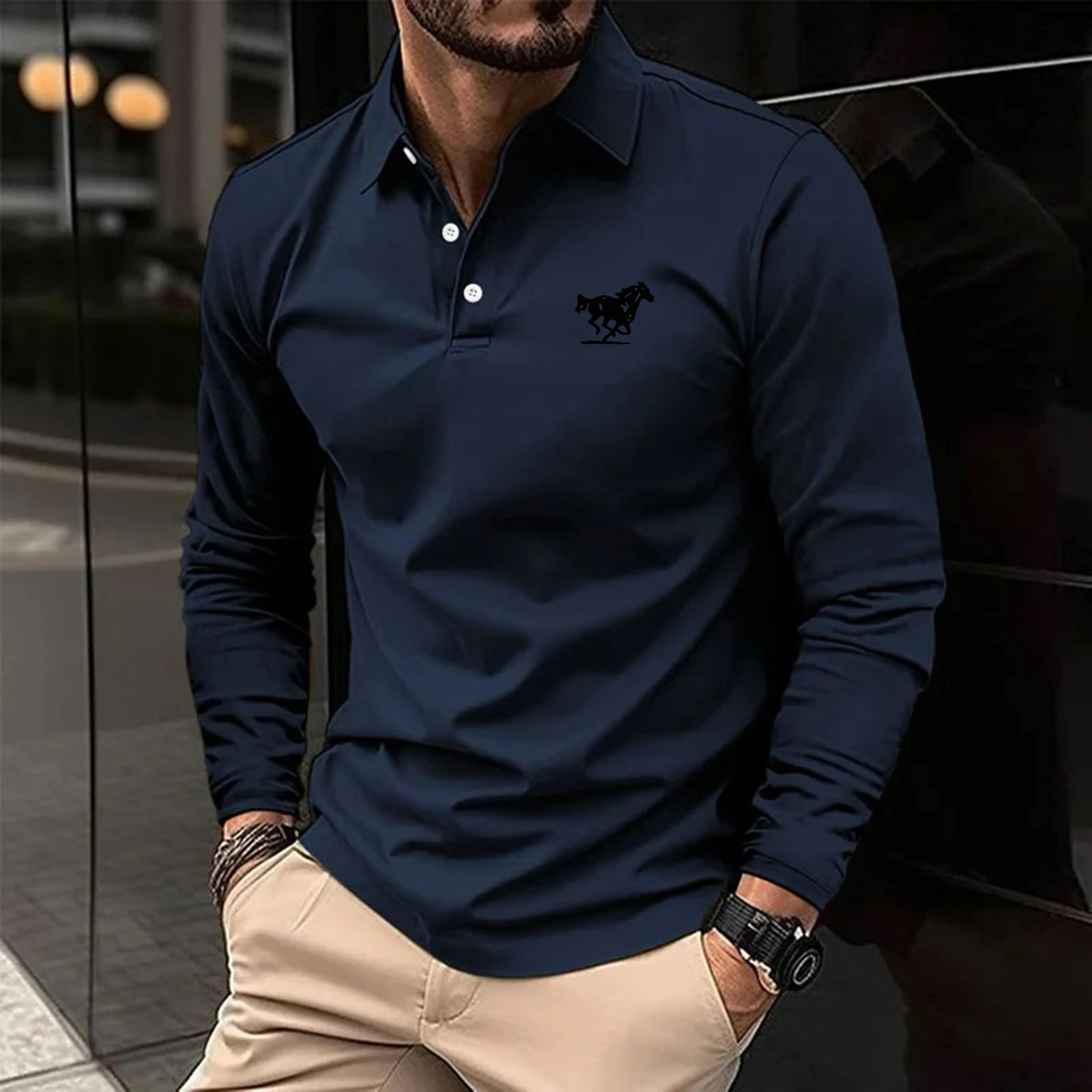 Regular Men's Solid Color Long Sleeved Polo Shirt Spring and Autumn New Products Simple and Loose Casual Men's Top