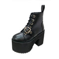 Gdgydh Womens Gothic Style Platform Combat Boots Buckle Front Tie Short Boots Street Slope Punk Mid Calf Boots Chunky Heels