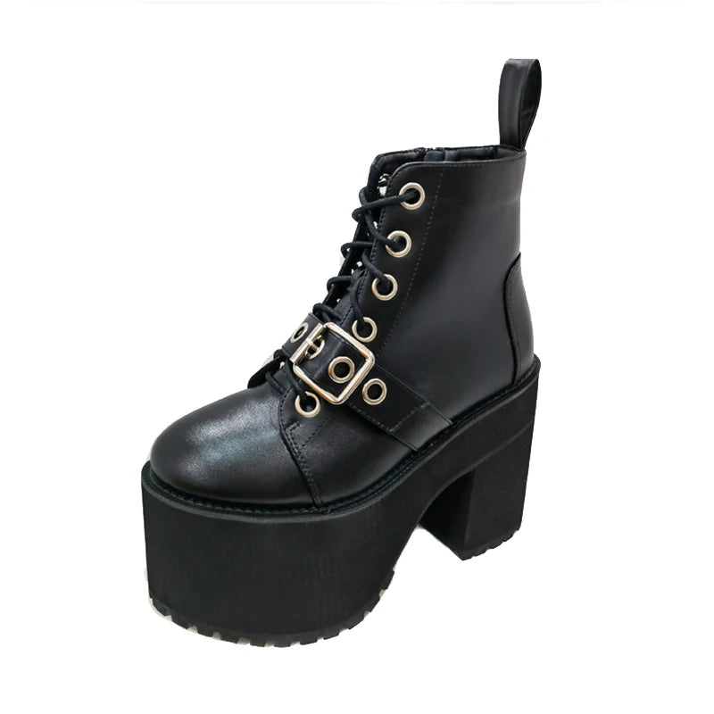 Gdgydh Womens Gothic Style Platform Combat Boots Buckle Front Tie Short Boots Street Slope Punk Mid Calf Boots Chunky Heels