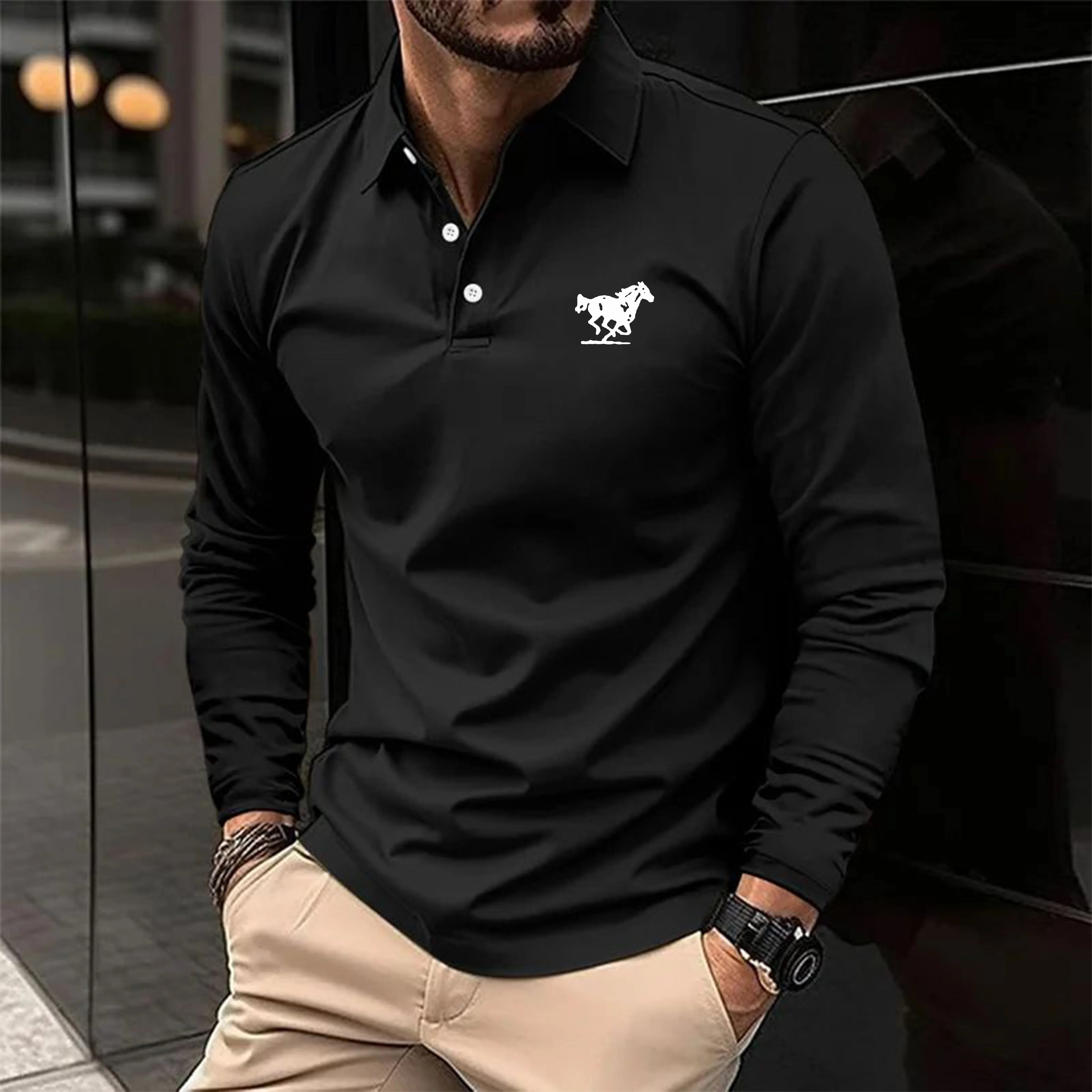 Regular Men's Solid Color Long Sleeved Polo Shirt Spring and Autumn New Products Simple and Loose Casual Men's Top