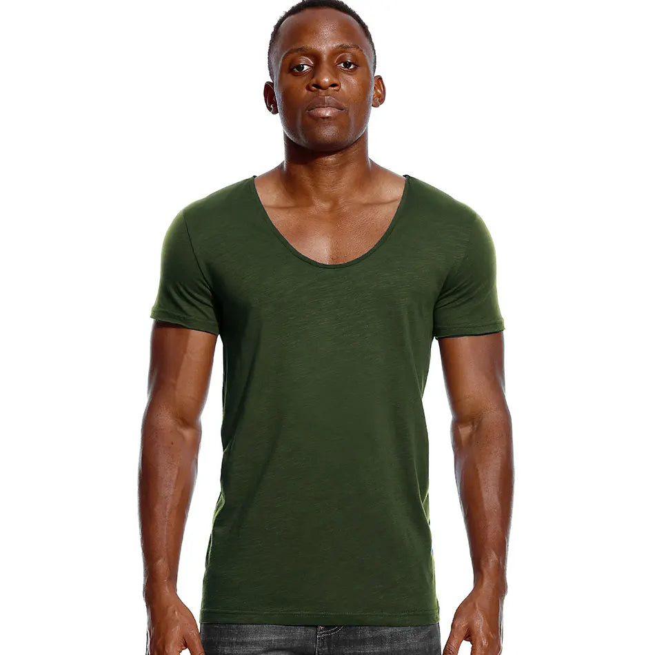 Scoop Neck T Shirt for Men Low Cut Deep V Neck Wide Vee Tee Male Tshirt Invisible Undershirt Slim Fit Short Sleeve