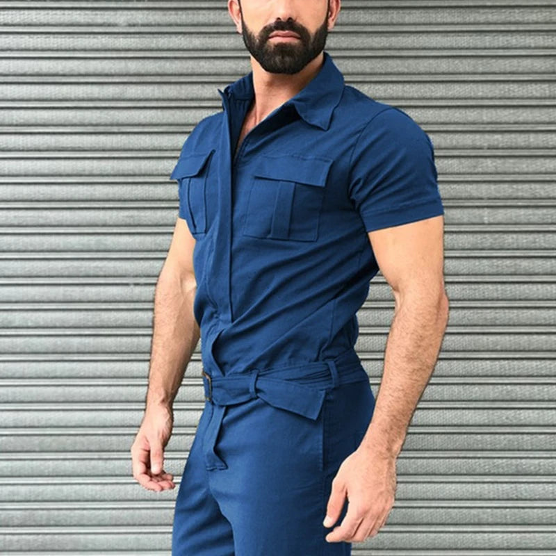 Men's Overalls Casual Streetwear Pocket Solid Color Short Sleeve+Trousers Jumpsuit Fashion Leisure Basic Work Cargos Pants S-3XL