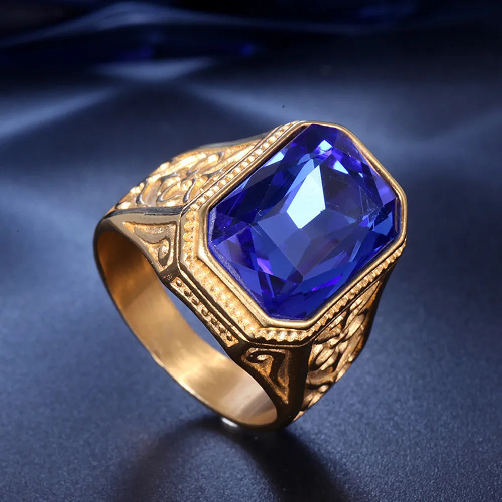 Big Square Blue Crystal Topaz Gemstones Diamonds Rings for Men Masculine Gold Filled Stainless Steel Bague Jewelry Finger Bands
