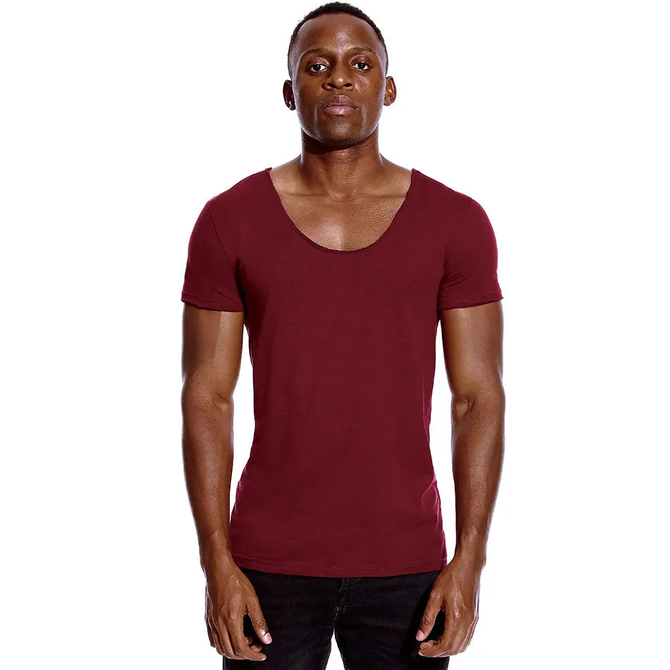 Scoop Neck T Shirt for Men Low Cut Deep V Neck Wide Vee Tee Male Tshirt Invisible Undershirt Slim Fit Short Sleeve