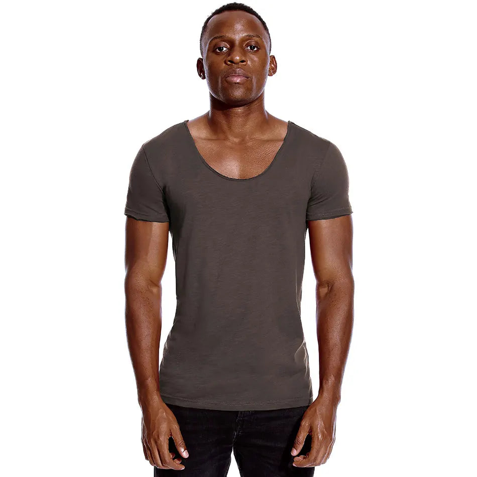 Scoop Neck T Shirt for Men Low Cut Deep V Neck Wide Vee Tee Male Tshirt Invisible Undershirt Slim Fit Short Sleeve