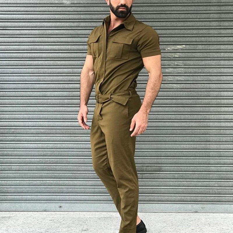 Men's Overalls Casual Streetwear Pocket Solid Color Short Sleeve+Trousers Jumpsuit Fashion Leisure Basic Work Cargos Pants S-3XL