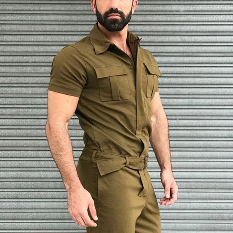 Men's Overalls Casual Streetwear Pocket Solid Color Short Sleeve+Trousers Jumpsuit Fashion Leisure Basic Work Cargos Pants S-3XL