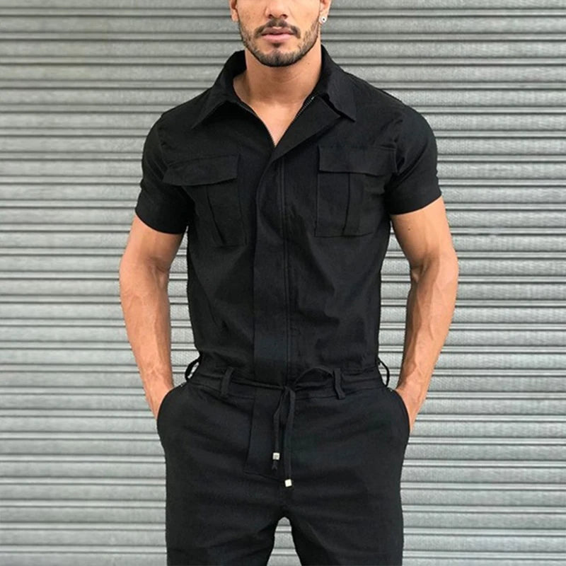 Men's Overalls Casual Streetwear Pocket Solid Color Short Sleeve+Trousers Jumpsuit Fashion Leisure Basic Work Cargos Pants S-3XL