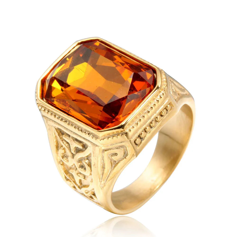 Big Square Blue Crystal Topaz Gemstones Diamonds Rings for Men Masculine Gold Filled Stainless Steel Bague Jewelry Finger Bands