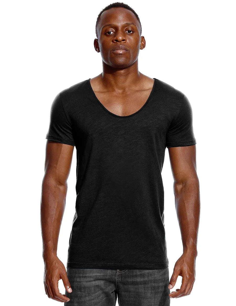 Scoop Neck T Shirt for Men Low Cut Deep V Neck Wide Vee Tee Male Tshirt Invisible Undershirt Slim Fit Short Sleeve