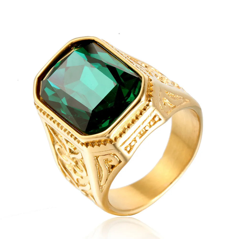 Big Square Blue Crystal Topaz Gemstones Diamonds Rings for Men Masculine Gold Filled Stainless Steel Bague Jewelry Finger Bands