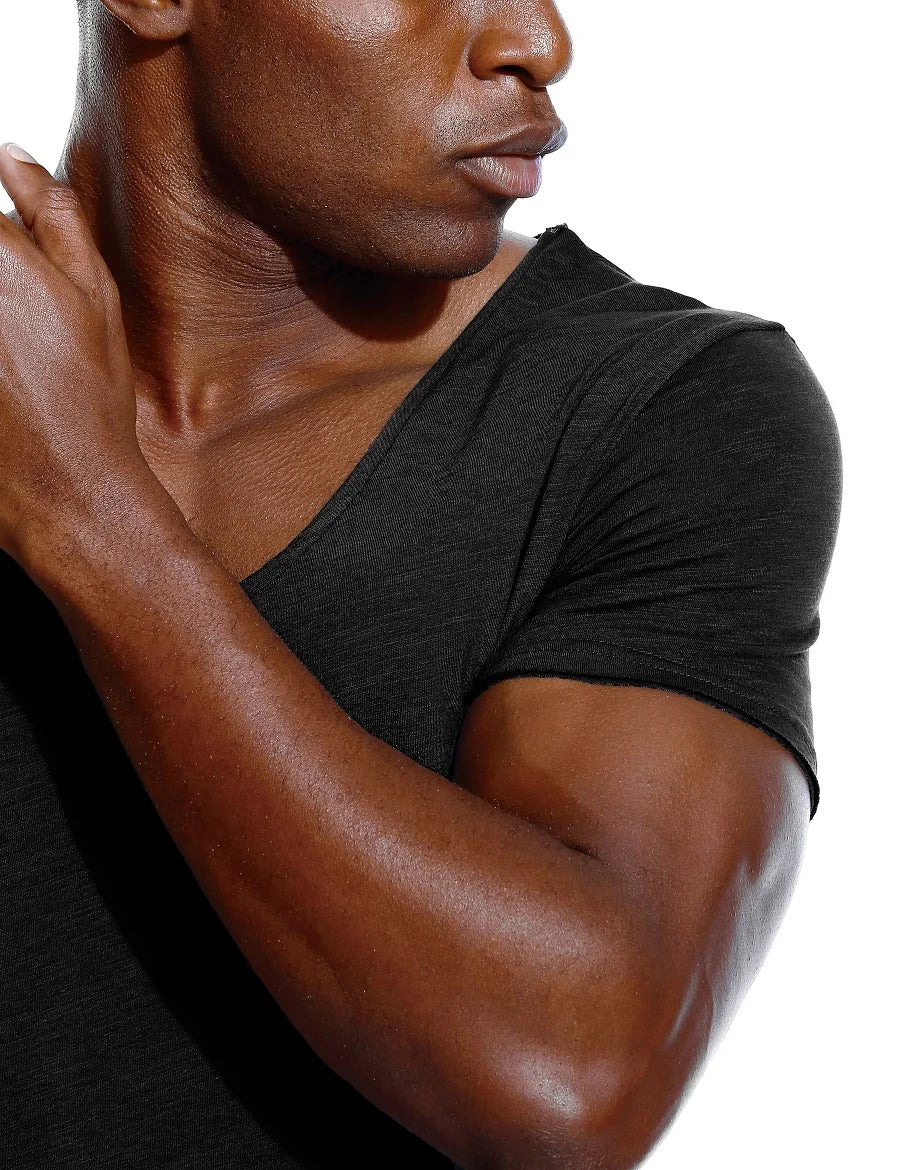 Scoop Neck T Shirt for Men Low Cut Deep V Neck Wide Vee Tee Male Tshirt Invisible Undershirt Slim Fit Short Sleeve