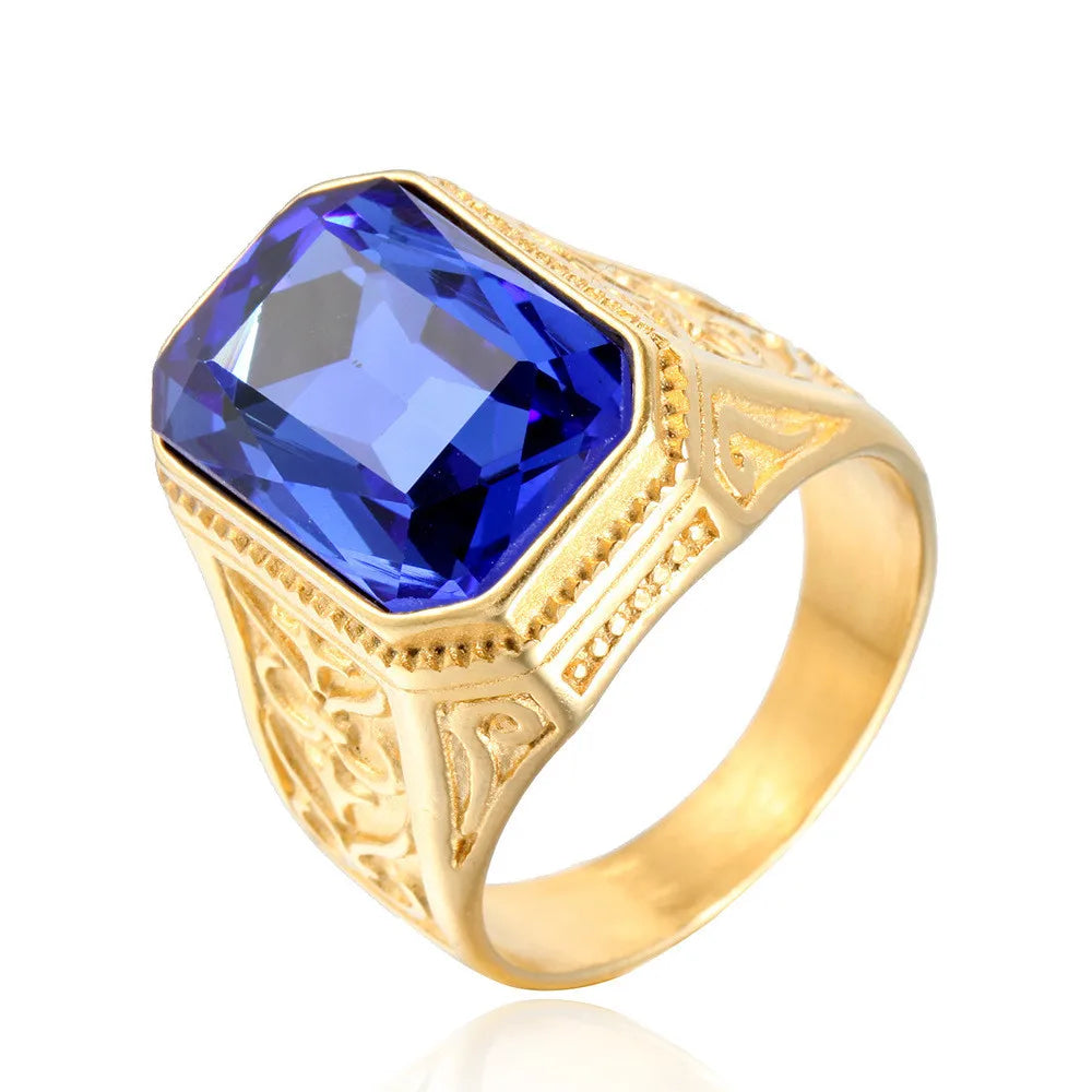 Big Square Blue Crystal Topaz Gemstones Diamonds Rings for Men Masculine Gold Filled Stainless Steel Bague Jewelry Finger Bands