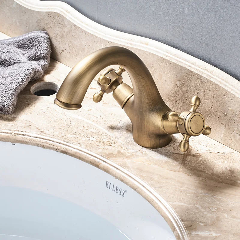 Antique Brass Basin Faucet Dual Handle Single Hole Deck Mounted Brass Bathroom Vanity Sink Mixers Hot and Cold Tap