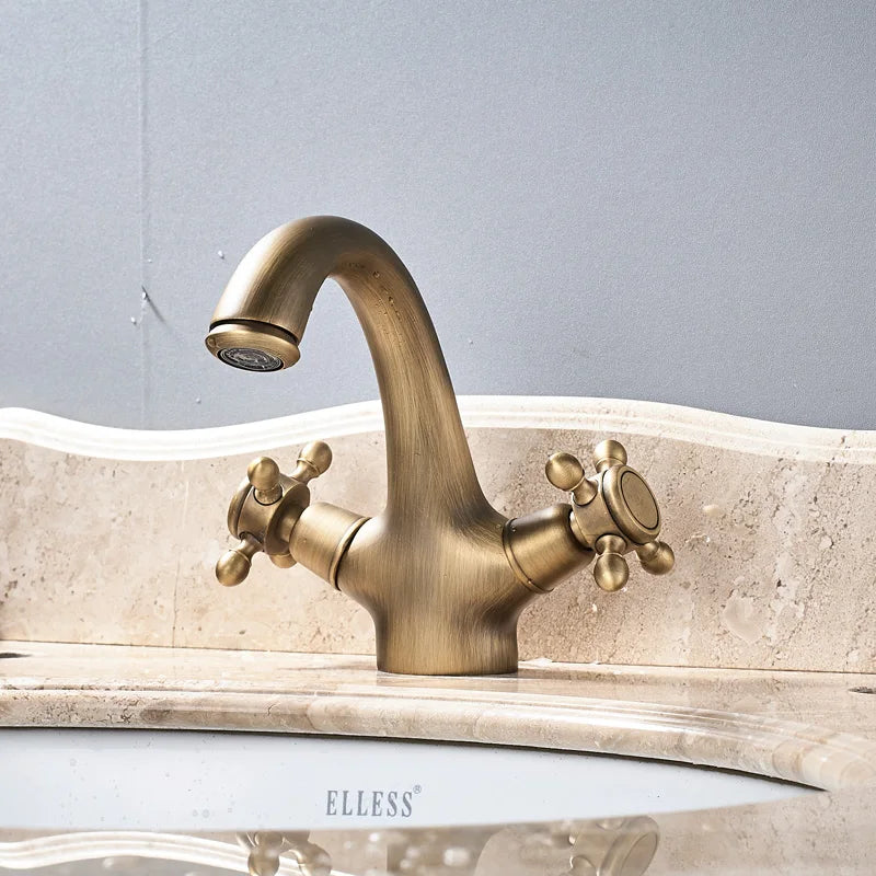 Antique Brass Basin Faucet Dual Handle Single Hole Deck Mounted Brass Bathroom Vanity Sink Mixers Hot and Cold Tap