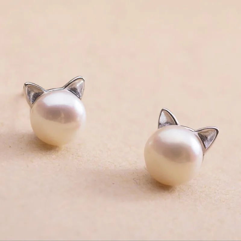Creative Simple Craft Cute Animal 925 Sterling Silver Jewelry Small Cat Hollow Pierced Pearl Female Earrings   E064