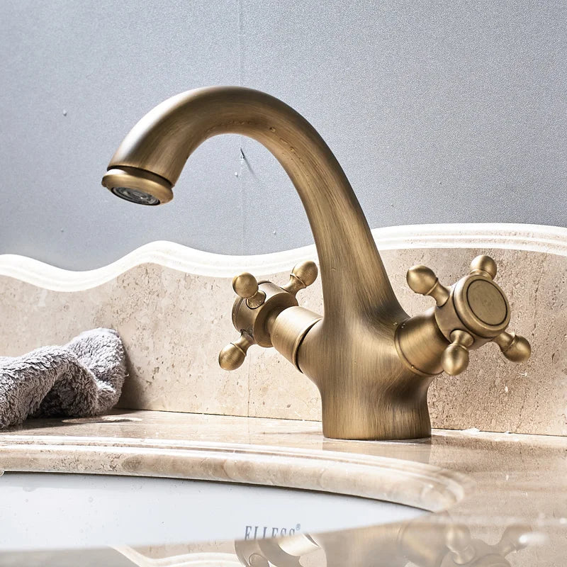 Antique Brass Basin Faucet Dual Handle Single Hole Deck Mounted Brass Bathroom Vanity Sink Mixers Hot and Cold Tap