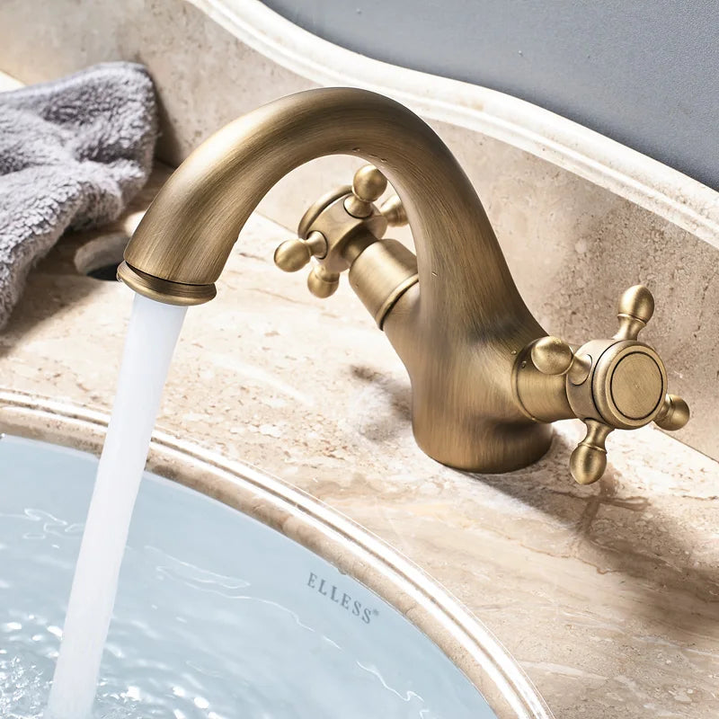 Antique Brass Basin Faucet Dual Handle Single Hole Deck Mounted Brass Bathroom Vanity Sink Mixers Hot and Cold Tap
