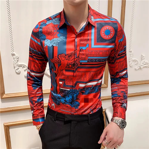 Luxury Print Men's Shirt Fashion Club Clothing Mens Designer Brand Floral Shirt Slim Long Sleeve Camisa Baroque Slim Party Shirt