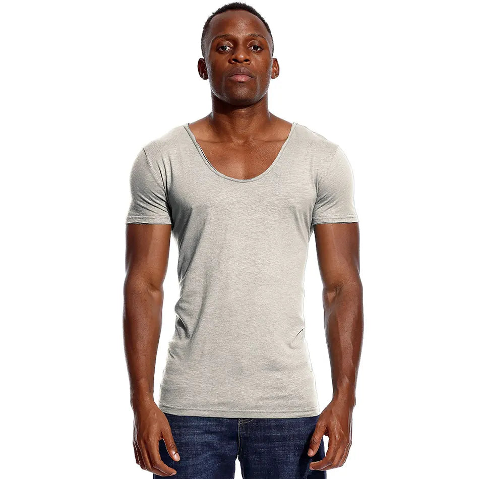 Scoop Neck T Shirt for Men Low Cut Deep V Neck Wide Vee Tee Male Tshirt Invisible Undershirt Slim Fit Short Sleeve