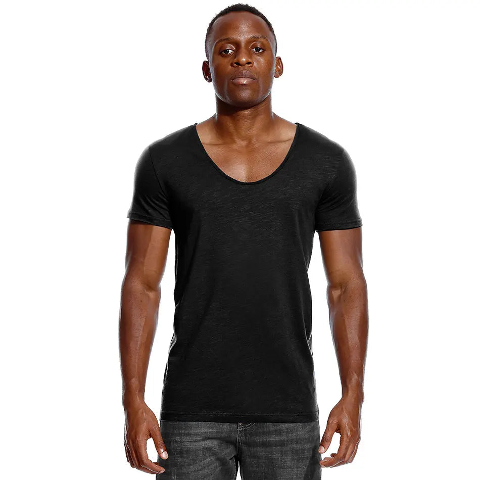 Scoop Neck T Shirt for Men Low Cut Deep V Neck Wide Vee Tee Male Tshirt Invisible Undershirt Slim Fit Short Sleeve