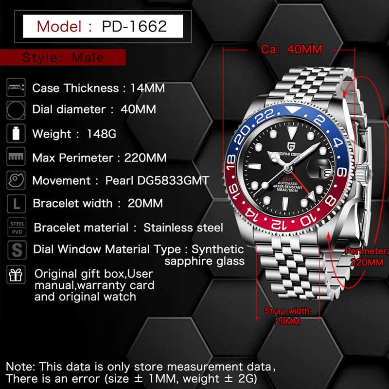 PAGANI DESIGN 2026 40MM Luxury Men GMT Automatic Machinery Watch Ceramic Bezel Jubilee Strap Sapphire Waterproof Watches for men