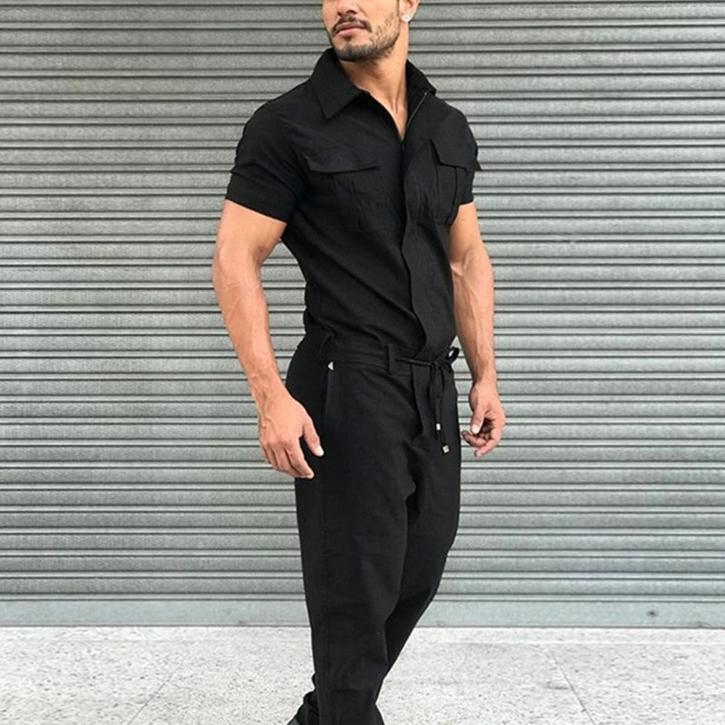 Men's Overalls Casual Streetwear Pocket Solid Color Short Sleeve+Trousers Jumpsuit Fashion Leisure Basic Work Cargos Pants S-3XL