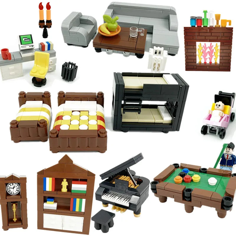 MOC House Furniture Building Blocks City Kitchen Accessories DIY Toys Bed Sofa Piano Bricks Parts Toys for Kids Boys Gifts