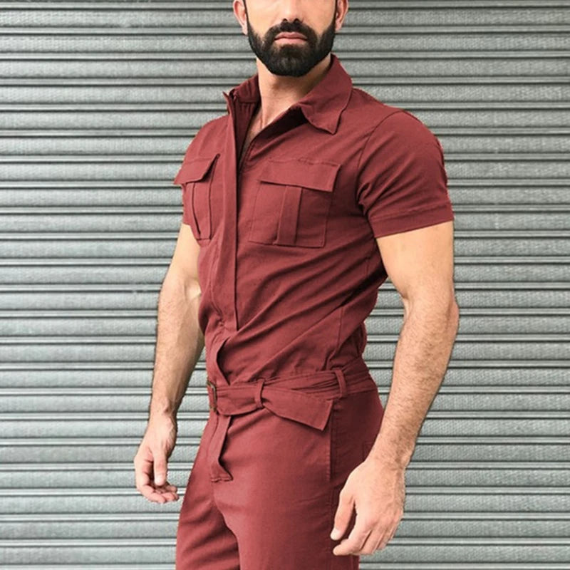 Men's Overalls Casual Streetwear Pocket Solid Color Short Sleeve+Trousers Jumpsuit Fashion Leisure Basic Work Cargos Pants S-3XL