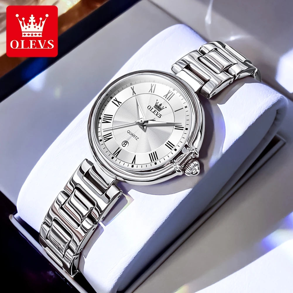 OLEVS 5608 Retro Style Quartz Watch for Women Elegant Steel Strap Auto Date Waterproof Luminous Luxury Ladies Wristwatch