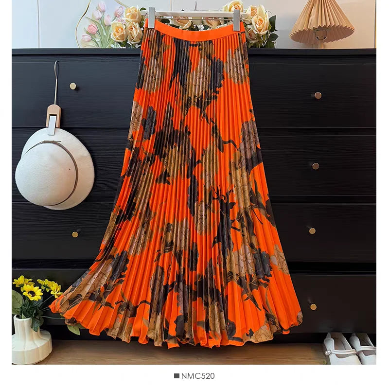 Bohemian Print Beach Skirts Female High Waist Flowy A-Line Pleated Maxi Skirt for Vacation Resort Wear & Spring Fall Fashion