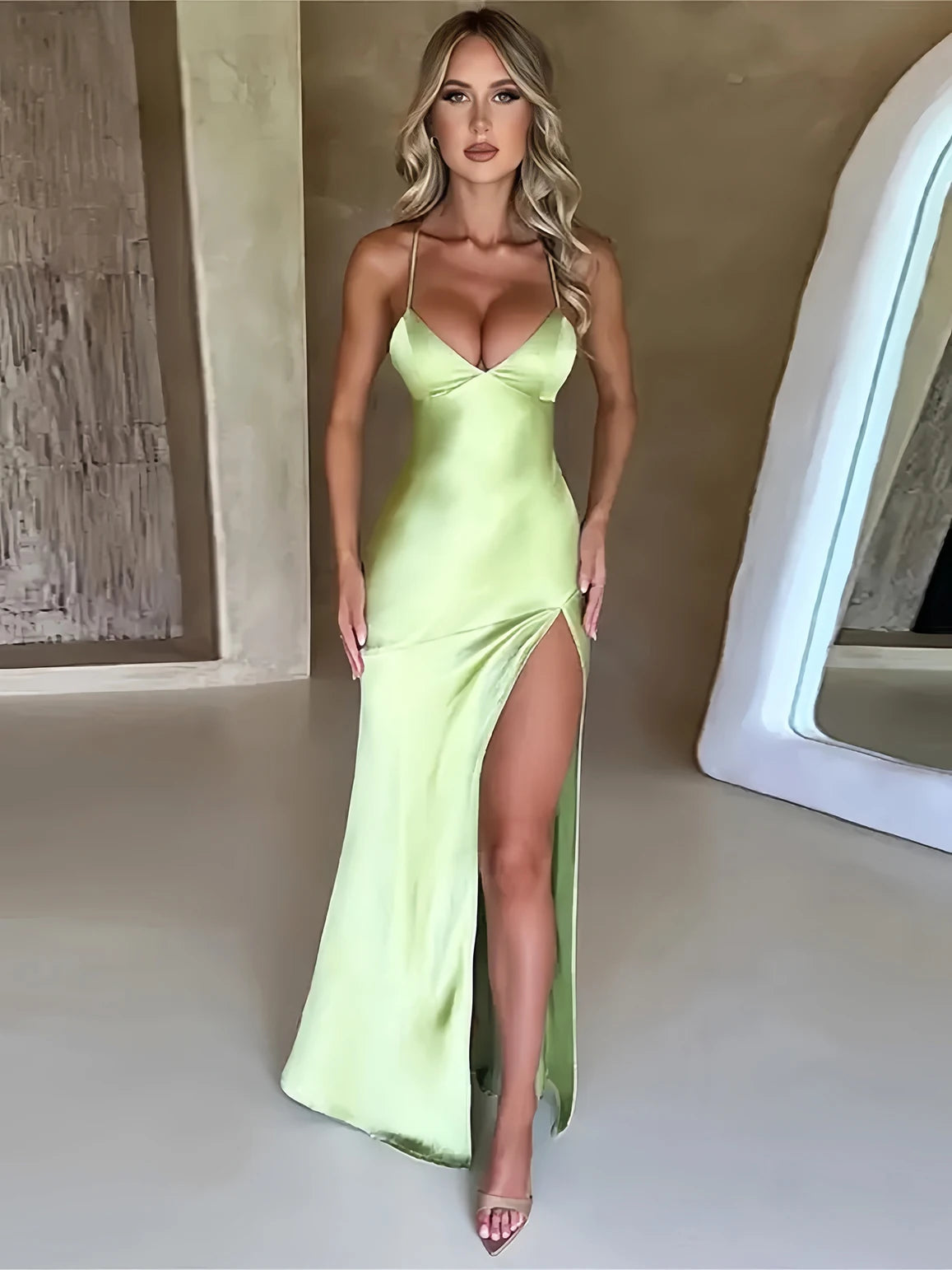 Summer New Fashion Dress Women's Sexy V-Neck Suspender Slit Mid-Length Evening Dress Elegant Party Club Satin Slim Fit