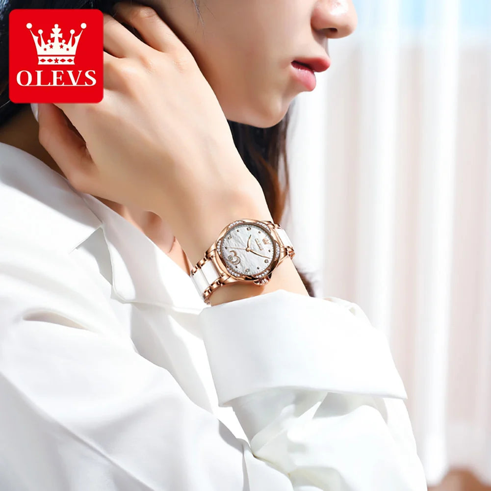 OLEVS 6631 Automatic Watches for Women Elegant Rose Gold Ceramics Strap Diamond Bezel Waterproof Women's Mechanical Wristwatches