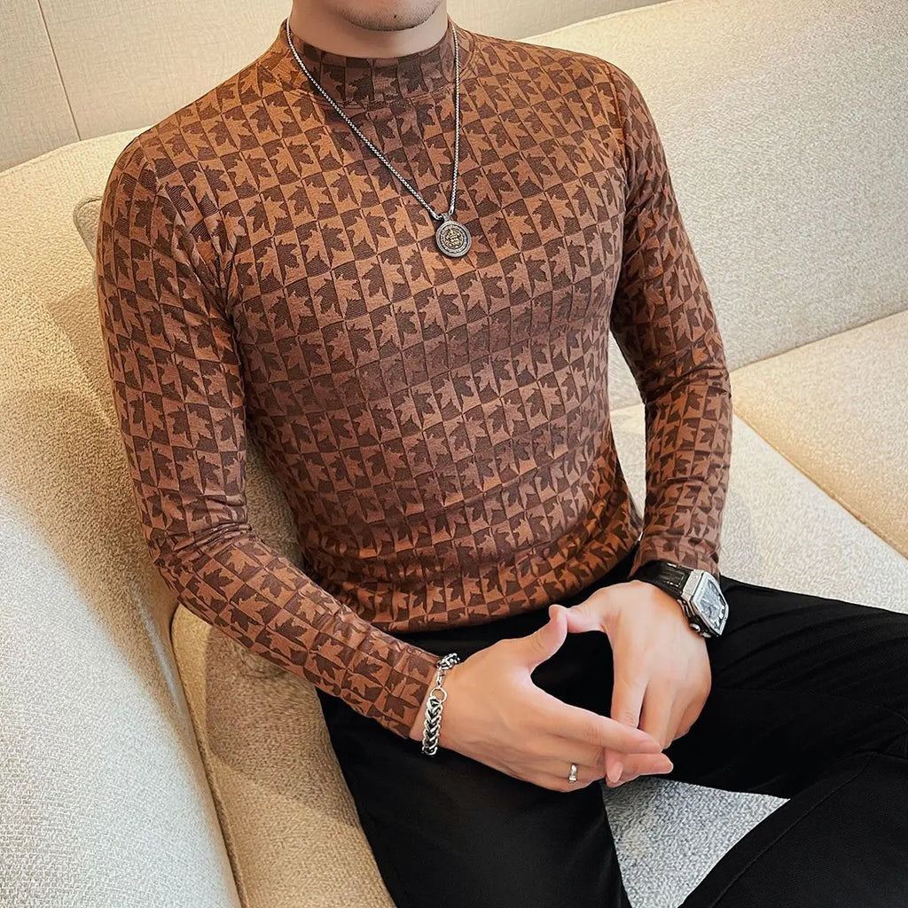Jacquard Half-high Neck Long-sleeved T-shirt Men's Spring and Autumn New Trendy and Fashionable Slim Mid-neck Versatile Pullover
