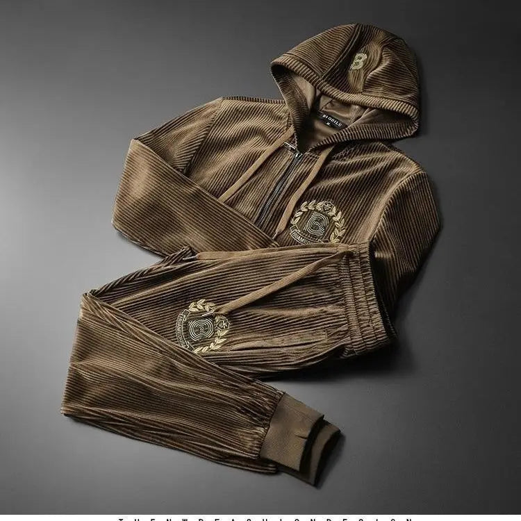 Men's Trend Gold Velvet Fashion Suit Hooded Thickened Casual Autumn and Winter New Plus Size Sportswear Two-Piece Set