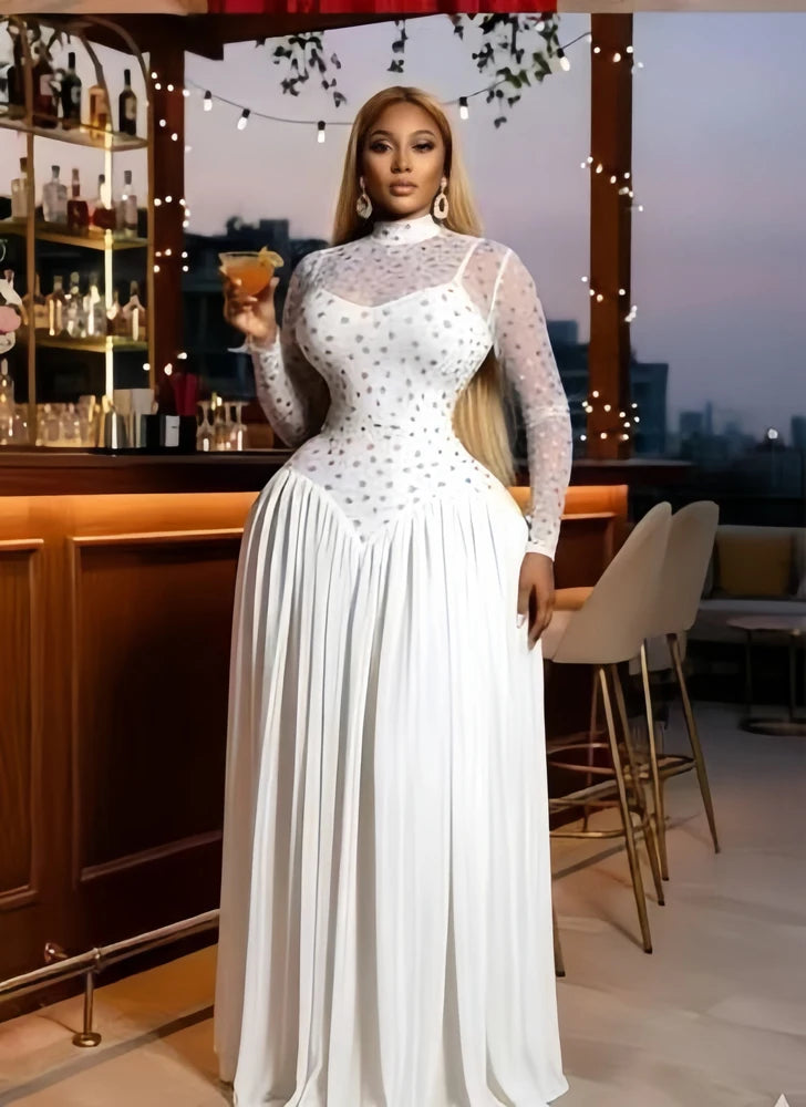 Two Color Patchwork Women Dress Fashion Sheer Mesh Top Long Sleeve Maxi Dress Parties Wear Elegant African Robe with Inner Dress