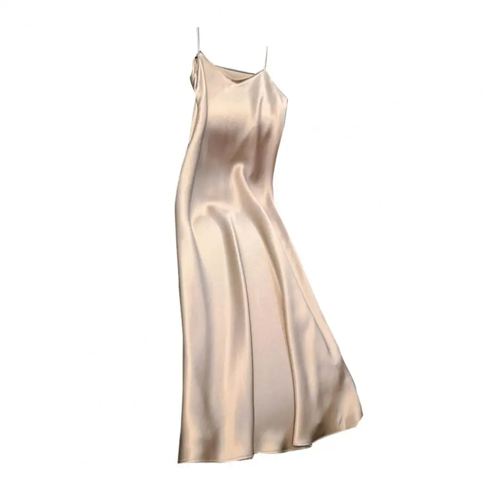 Women Slip Dress Silky Satin V Neck Backless Sleeveless Spaghetti Strap Prom Party Dress A-line Loose Hem Strappy Dress