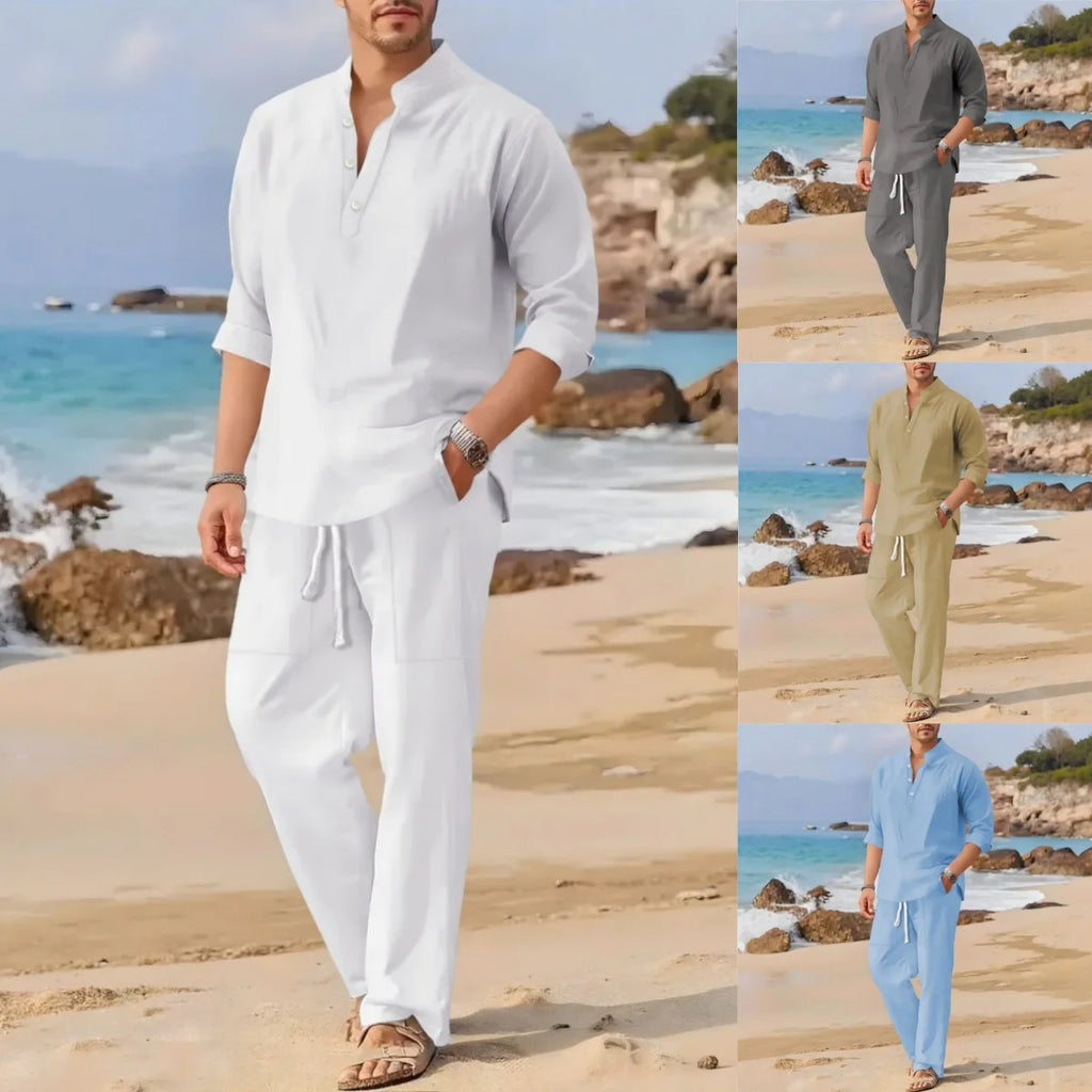 Men's Retro Cotton Linen Stand-Up Collar Long-Sleeved Suit Spring-Autumn Fashionable Loose Pure-Color Two-Piece Set
