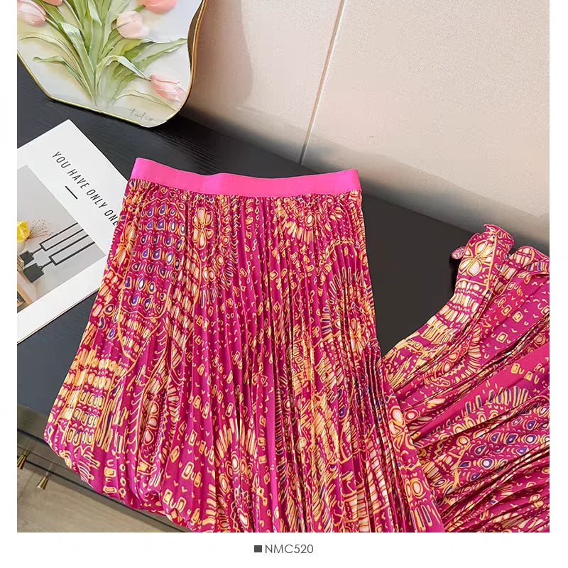 Bohemian Print Beach Skirts Female High Waist Flowy A-Line Pleated Maxi Skirt for Vacation Resort Wear & Spring Fall Fashion