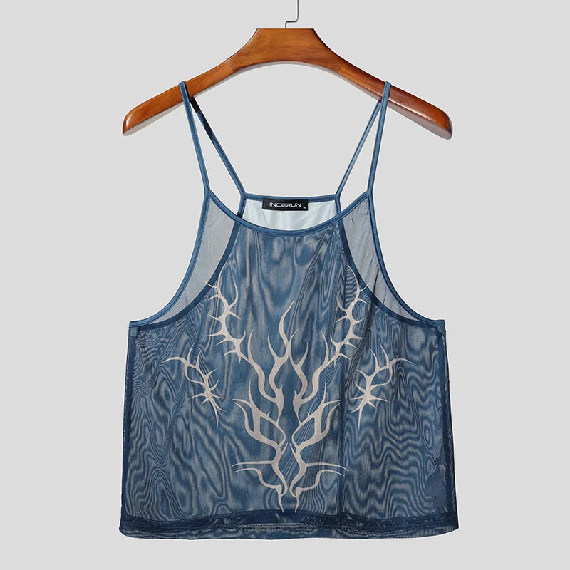 INCERUN Men Tank Tops Printing O-neck Sleeveless Summer Mesh Male Vests See Through Streetwear Sexy Fashion Crop Tops Men S-5XL