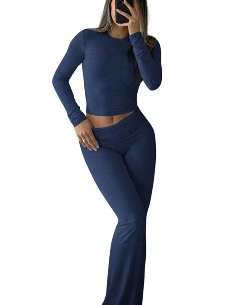 Lady Casual Solid Slim Set Fashion O Neck Long Sleeve Tops+High Waist Pants Two Piece Sets For Women Sports Womens Clothing New