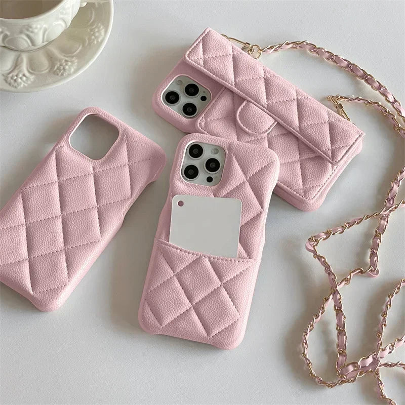 Crossbody Lanyard Wallet Phone Case For iPhone 15 14 13 16 Pro Max Card Holder Necklace Chain Luxury  Leather ( NO LOGO)