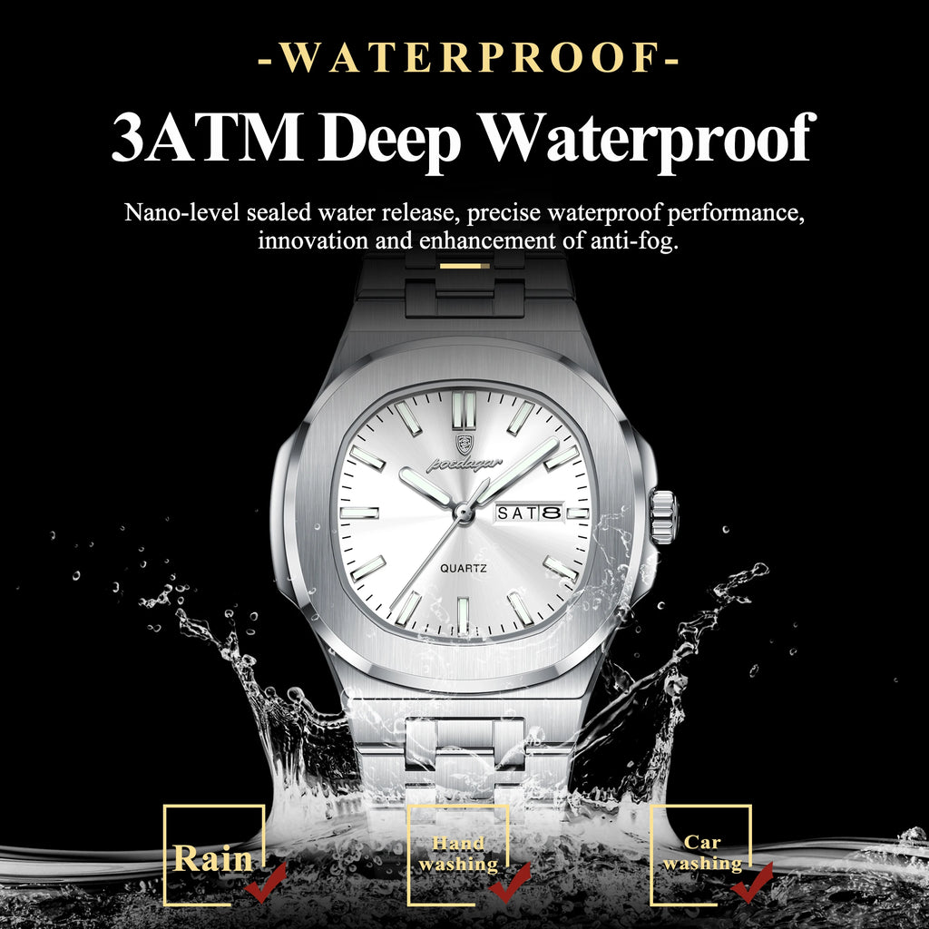POEDAGAR Top Fashion Square Watch For Woman Luminous Waterproof Date Week Ladies Watch Stainless Steel Women's Quartz Wristwatch