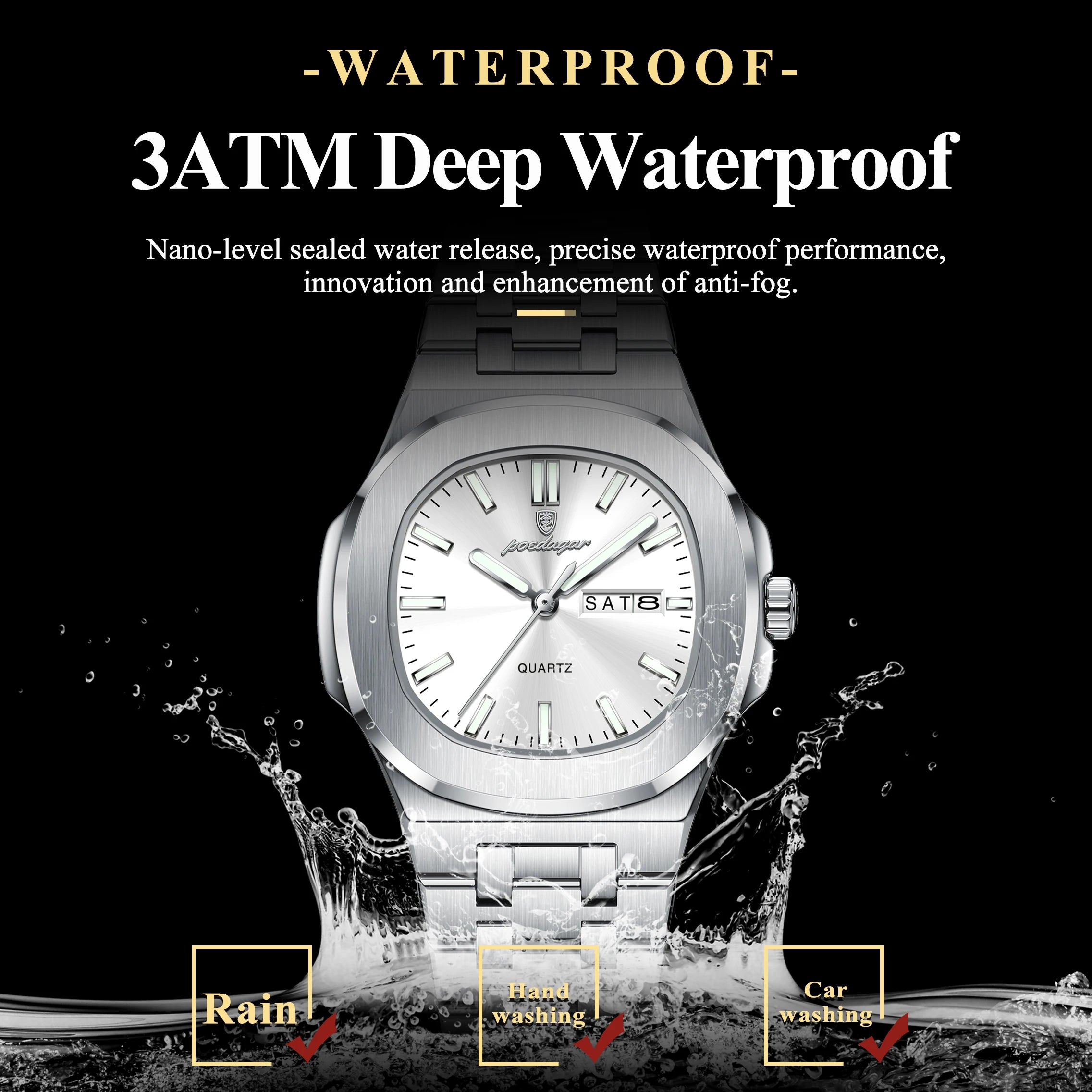POEDAGAR Top Fashion Square Watch For Woman Luminous Waterproof Date Week Ladies Watch Stainless Steel Women's Quartz Wristwatch