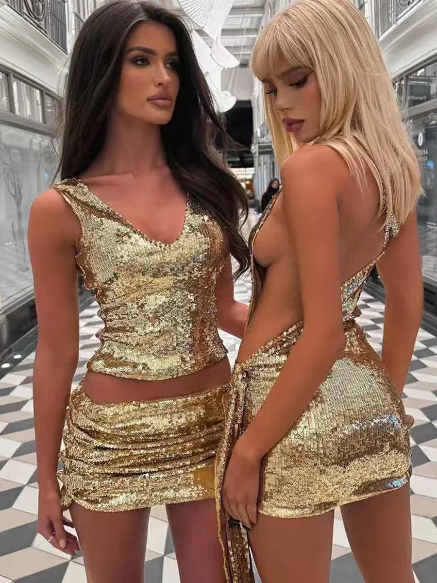 Sexy Sequin One-Shoulder Mini Dress Wome Backless Metal Buckle Ribbon Ruched Bodycon Dress Summer Shiny Nightclub Party Vestidos