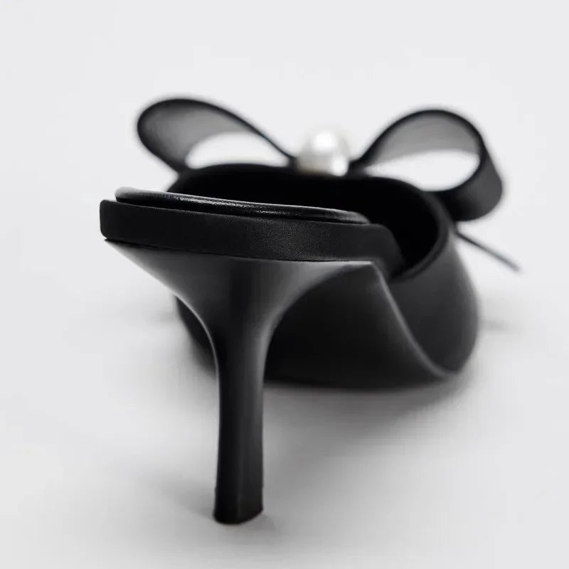 Butterfly-knot Satin Designer Mules Slippers Women Pointed Toe High Heels Banquet Party Shoes Fashion Brand Sandals Ladies Pumps