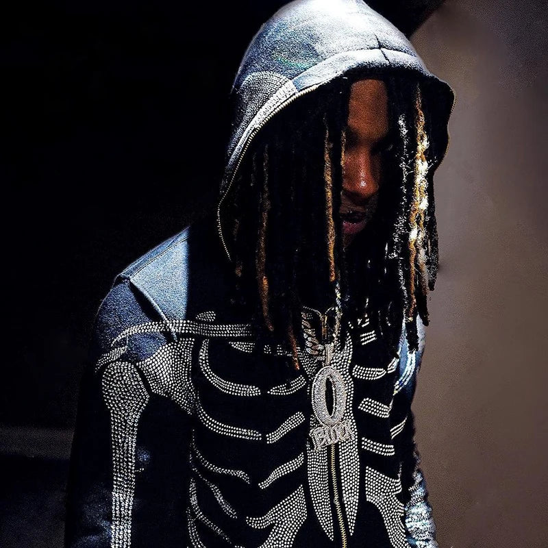 Gothic Long Sleeve Rhinestone Skeleton Hoodie Y2k Jacket Men Hoodies Oversized Full Zip Hoodie Goth Sweatshirt Sport Coat Autumn
