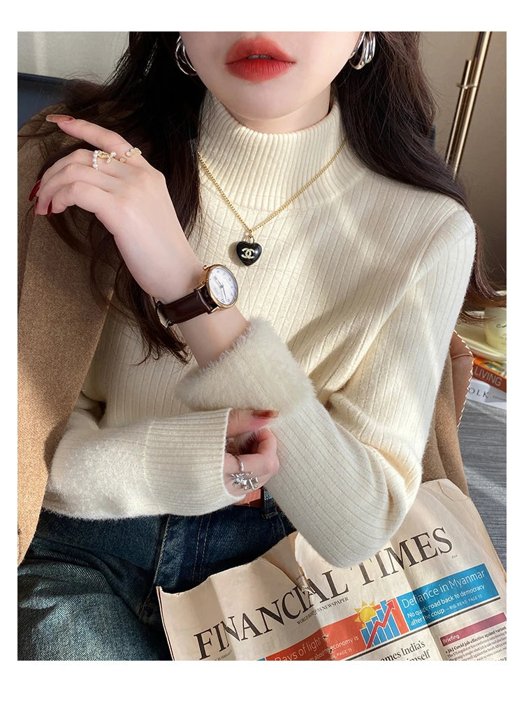 Women's Turtleneck Sweater Winter 2026 Retro with Velvet Lining Thickened Inner Wear Thermal Knitting Bottoming Shirt Pullovers